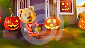 Halloween short illustrated spooky banner with pumpkins, ghosts, skeletons, atmosphere of darkness and fear