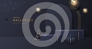 Halloween showcase background with 3d podiums, halloween pumpkin and electric lights. Halloween spooky background.