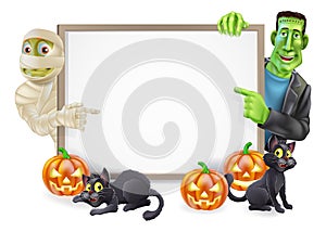 Halloween Sign with Mummy and Frankenstein