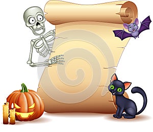 Halloween sign with skeleton, bat, pumpkin and black cat