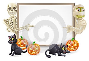 Halloween Sign with Skeleton and Mummy