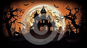 Halloween silhouette of Creepy pumpkins of spooky halloween haunted mansion Evil houseat night with full moon. Scary halloween.