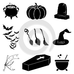 Halloween silhouette vector set. Collection of black illustration for horror holiday celebration. Creepy october cartoon symbols.