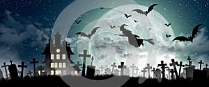 Halloween Silhouette of Witch flying over the full moon. 3D Illustration