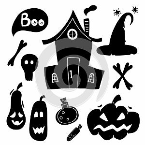 Halloween silhouettes. Horror holiday icons collection potion and pumpkin, witch magic house and hat, black doodle vector set