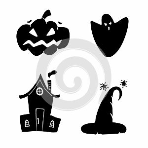 Halloween silhouettes. Horror holiday icons collection pumpkin and hat, witch house and magic hat, black doodle vector set