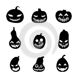 Halloween silhouettes scary pumpkins set. Illustration of Jack-o-lantern facial expressions. Simple collection spooky horror