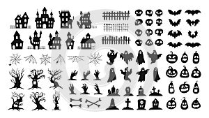 Halloween silhouettes. Spooky decorations zombie hands, scary tree, ghosts, haunted house, pumpkin faces and graveyard