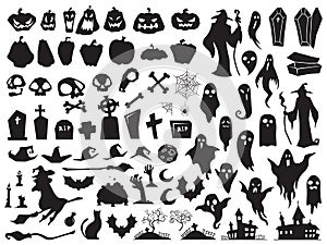 Halloween silhouettes. Spooky evil witch, creepy grave coffin and wizard silhouette. Pumpkin, spider and ghost vector