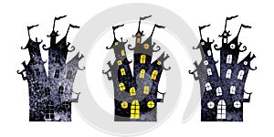 Halloween silhouettes of watercolor terrible castles isolated on white background