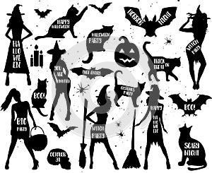 Halloween Silhouettes. Witch, pumpkin, black cat.Halloween party. Spider sticker. Trick or treat.