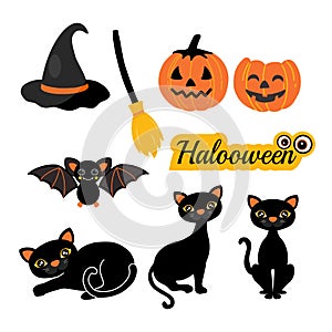 Halloween Silhouettes. Witch, pumpkin, black cat,spider, bat and broom.