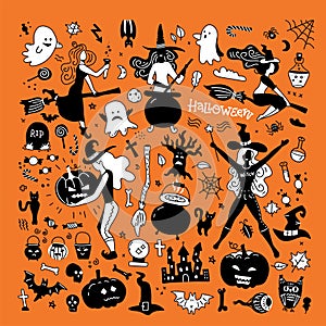 Halloween Silhouettes. Witch, pumpkin, black cat and Spider for Halloween party decor. Vector black and white icons