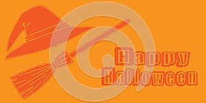 Halloween simple orange background outline hat and broom lettering happy halloween vector