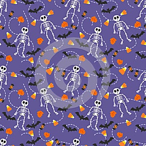 Halloween Skeleton  Bats and Candy Corn Seamless Pattern