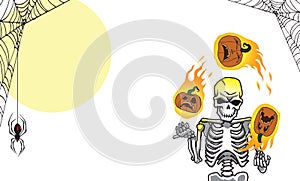 A halloween skeleton juggling flaming pumpkins wide orientation