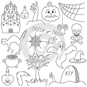 Halloween. Sketch. Set of vector illustrations. Collection of festive mystical elements. Pumpkin, ghost, cat, spider, potion.