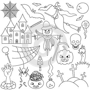 Halloween. Sketch. Set of vector illustrations. Collection of festive mystical elements. Pumpkin, witch, scarecrow, skull, crosses