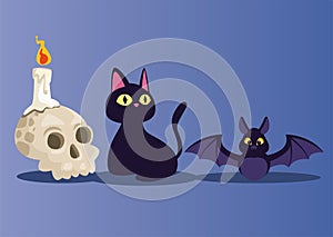 Halloween skull candle cat and bat cartoons vector design