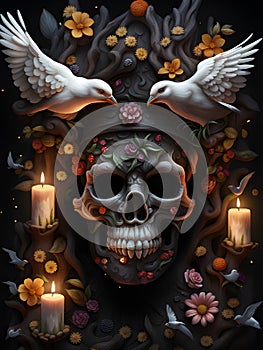 halloween skull with roses and bird, fantasy illustration
