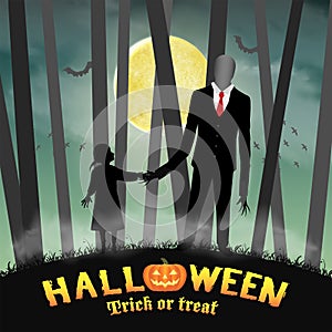 Halloween slender tall man with girl in forest