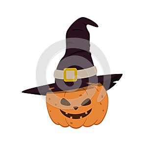 Halloween smiling scary pumpkin in a hat. Color vector illustration of a flat style. White isolated background.