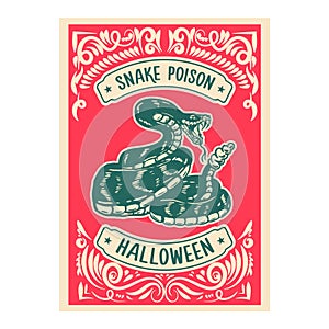 Halloween snake poison. Bottle label template. Design element for poster, card, banner, sign.