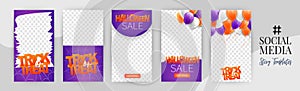 Halloween social media banners. Insta stories set, trick or treat concept. 31 october holiday party poster. Background with purple