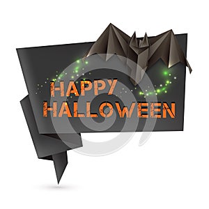 Halloween speech bubble with origami bat and omnious lights. Vector illustration, eps10.