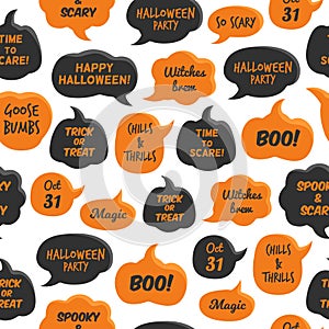 Halloween speech bubbles. Black and orange comic bubble with happy party magic, 31 oct and boo, seamless pattern on photo