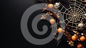 halloween spider web and elegant spiders against a dark background, AI generated