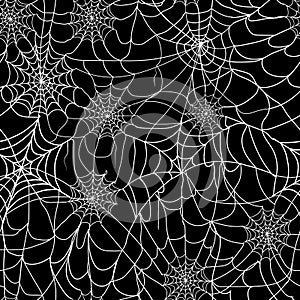 Halloween spider web seamless pattern. Vector background. Black and white.