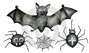 Halloween spider web, Vampire Bat flying and spiders isolated watercolor illustration on white background for Happy