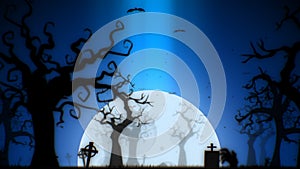 Halloween spooky background blue theme, with the spooky tree , moon , bats , zombie hand and graveyard