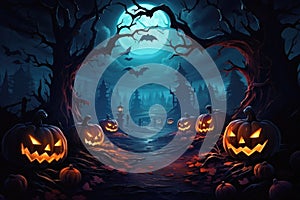 Halloween spooky background, scary jack o lantern pumpkins creepy forest castle.