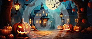 Halloween spooky background, scary jack o lantern pumpkins creepy forest castle.
