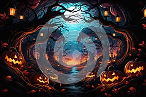 Halloween spooky background, scary jack o lantern pumpkins creepy forest castle.