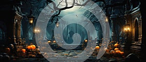 Halloween spooky background, scary pumpkins in creepy horror ghost castle.