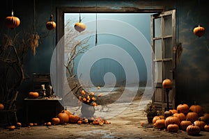 Halloween spooky background, scary pumpkins in creepy horror ghost castle.