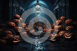 Halloween spooky background, scary pumpkins in creepy horror ghost house room.