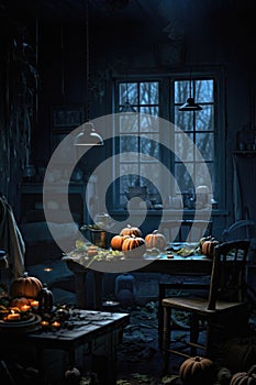 Halloween spooky background, scary pumpkins in creepy horror ghost house room.