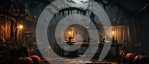 Halloween spooky background, scary pumpkins in creepy horror ghost house room.