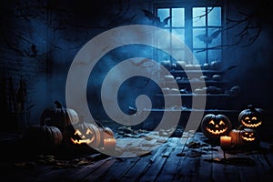 Halloween spooky background, scary pumpkins in creepy horror ghost house room.