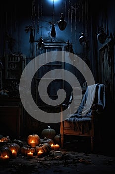 Halloween spooky background, scary pumpkins in creepy horror ghost house room.