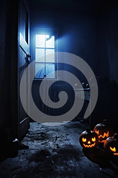 Halloween spooky background, scary pumpkins in creepy horror ghost house room.