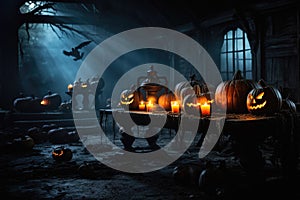 Halloween spooky background, scary pumpkins in creepy horror ghost house room.