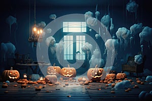 Halloween spooky background, scary pumpkins in creepy horror ghost house room.