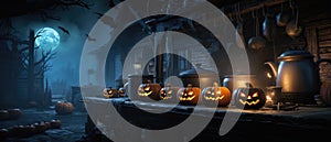 Halloween spooky background, scary pumpkins in creepy horror ghost house room.