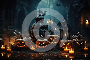 Halloween spooky background, scary pumpkins in creepy horror ghost house room.