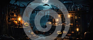 Halloween spooky background, scary pumpkins in creepy horror ghost house room.